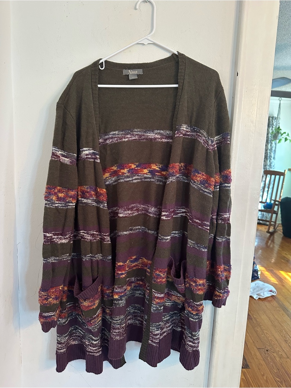 Natural Reflections Olive Green Open-Front Striped Cardigan 2X Boho